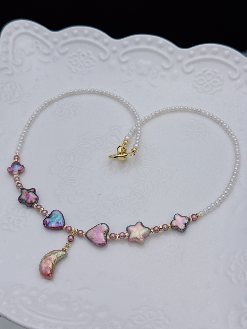RL043 Handmade Premium Quality Freshwater Baroque Necklace Moon&Star 18” - Picture 8 of 16